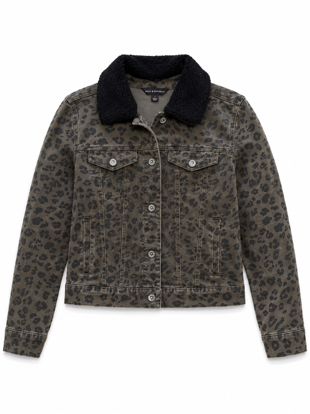 Leopard Print Sherpa removable Collar Denim Jacket – Olive Black – M